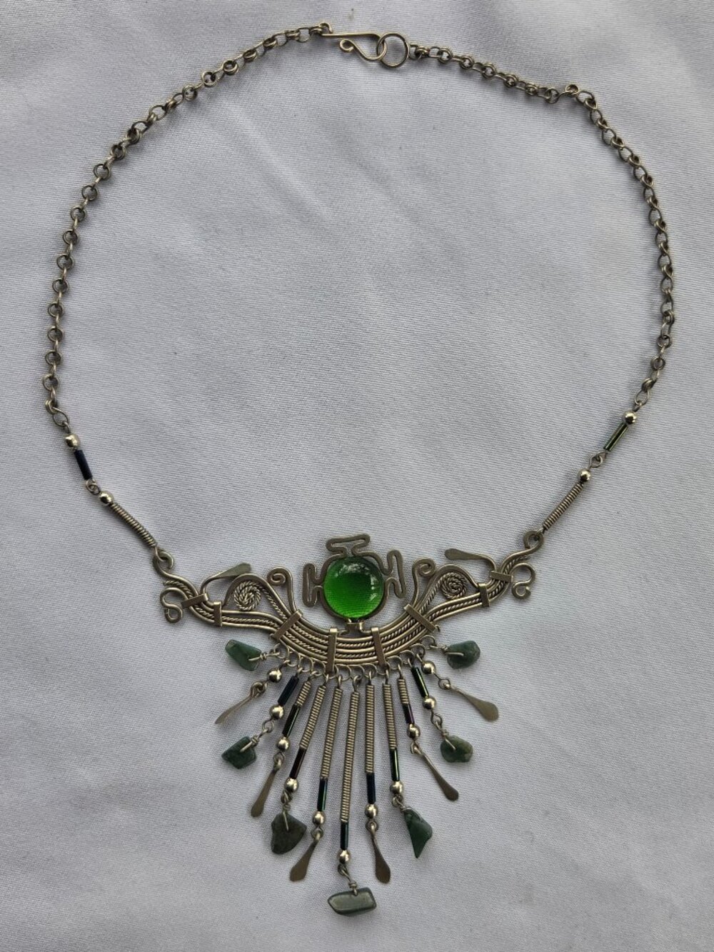 Vintage Peruvian Alpaca Silver Wire Bib Necklace Green Cabochon Fringe Boho